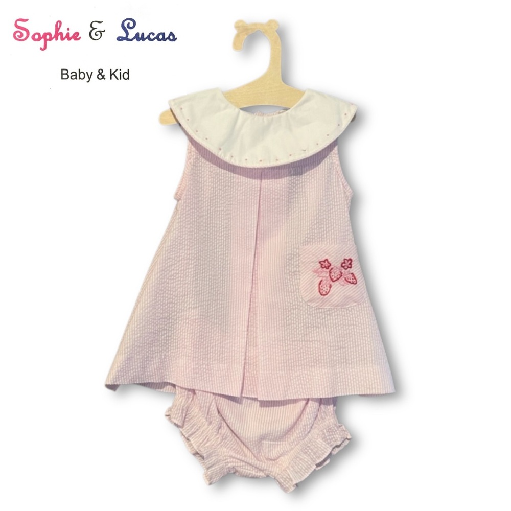 Sophie and Lucas Seersucker Stripped Dress with Strawberry Embroidery